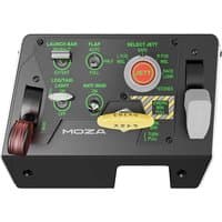 MOZA Racing MTLP Panel, black with green switches, red button, and yellow safety cover, designed for simulation setups.
