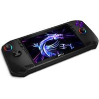 Black MSI Claw 7 portable game console, 7-inch screen, colorful joysticks, dragon graphic on display.