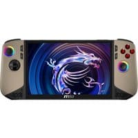 MSI CLAW 8 AI+ portable console, 8" screen, 1TB, dual joysticks, red buttons, dragon graphic on display.