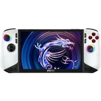 White MSI Claw 8 AI+ portable game console, 8-inch screen, dual joysticks, red buttons, dragon graphic on display.