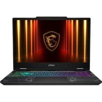 MSI Cyborg 15 laptop with RGB keyboard, black chassis, and illuminated MSI dragon logo on screen.