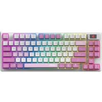 MSI FORGE GK600 TKL wireless violet keyboard with rainbow backlit keys, compact design, USB and Bluetooth connectivity.