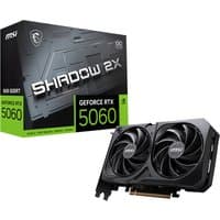 MSI GeForce RTX 5060 graphics card with dual fans, black casing, and 8 GB GDDR7, next to branded packaging.