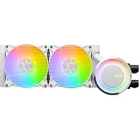 White MSI MAG Coreliquid E240 liquid cooling kit with dual RGB fans and circular pump.