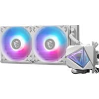 White MSI MAG Coreliquid I240 cooling kit with dual RGB fans and geometric pump design.