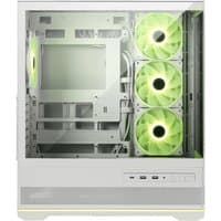 White MSI MAG PANO 110R PZ computer case with three green LED fans, tempered glass side panel, and front USB ports.