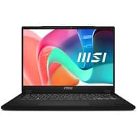 Black MSI Modern 14 laptop with colorful screen display, slim design, and Intel Core 9 270H processor.