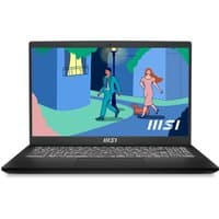 Black MSI Modern 15 laptop with 15.6" display, backlit keyboard, and thin bezels, showing colorful street art.