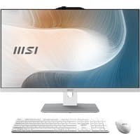 MSI Modern AM272P 27" all-in-one PC with slim bezel, silver stand, white keyboard, and mouse.