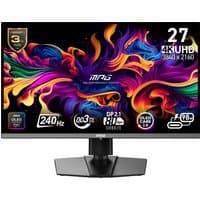 MSI MPG 272URX QD-OLED monitor, 26.5-inch, 3840x2160 resolution, slim bezels, black stand, vibrant display.