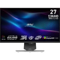 27" MSI MPG monitor, black bezel, silver stand, 4K UHD display, vibrant screen with colorful wave pattern, logo centered.