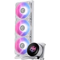 White MSI MPG CORELIQUID P13 cooling system with three RGB fans and a sleek round processor unit.