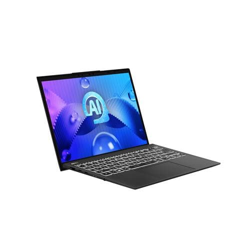 Sleek black MSI Prestige 13 laptop with a 13.3" Quad HD+ display, featuring a vibrant AI-themed screen, a full keyboard, and a slim profile.