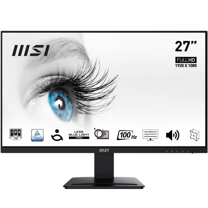 27-inch MSI Pro MP273A monitor with a sleek black design, featuring a Full HD display (1920 x 1080), 100Hz refresh rate, IPS technology, and 4ms response time.