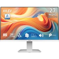 White MSI 27" IPS monitor with slim bezels, WQHD resolution, 144Hz refresh rate, and 1ms response time.