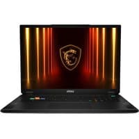 Black MSI Stealth 18 HX laptop with 45.7" display, illuminated keyboard, and dragon logo on screen.