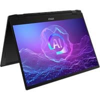 Black MSI 2-in-1 laptop with 16" touchscreen, Quad HD+ display, sleek design, and AI graphics on screen.
