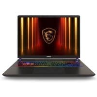 Black MSI Vector 18 gaming laptop with RGB keyboard, large screen displaying MSI logo, sleek design, and thin bezels.