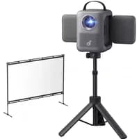 Nebula soundcore P1i Smart Projector on tripod with 100-inch screen, gray body, and lens emitting blue light.