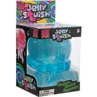 Blue NeeDoh Jelly Squish toy in clear box with colorful swirls and text, labeled "Super Solid Squish!"
