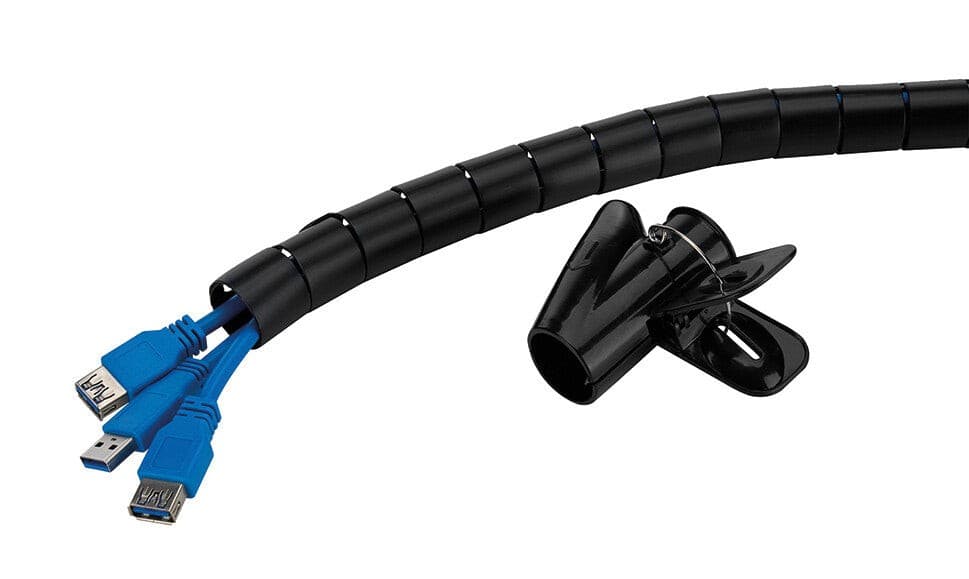 Black flexible cable sleeve designed for 1-5 cables, featuring a smooth finish and a clip for secure attachment, with visible blue USB connectors at one end.