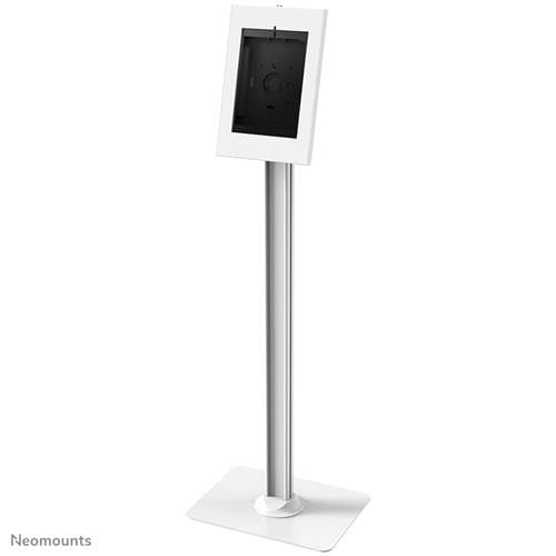 White tablet floor stand with a lockable mount, designed for 9.7-11" devices, featuring a sleek silver pole and a sturdy square base for stability.