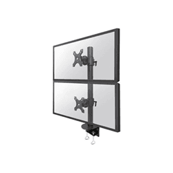 Black dual monitor desk mount with a swiveling design, featuring sturdy metal construction, adjustable arms, and a sleek finish for optimal viewing angles.