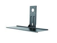 Black metal keyboard and mouse shelf designed for VESA installation, featuring a sturdy flat surface and a mounting bracket with a circular cutout.