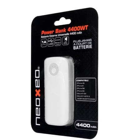 White Neoxeo X370H37012 power bank in packaging, featuring a sleek design, 4400 mAh capacity, and USB output, labeled with compatibility details.