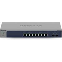 Gray NETGEAR 8-port Ethernet switch with LED indicators and two additional ports on the right side.