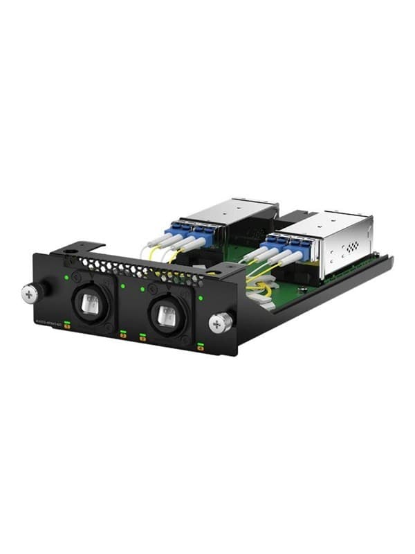 Netgear APM414LD expansion module in black, featuring four SFP28 ports for 10/25 Gigabit connections, with visible green LED indicators and metal housing.