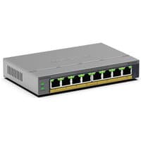 Grey NETGEAR GS108EPP Ethernet switch with 8 ports, LED indicators, and desktop/wall-mount design.