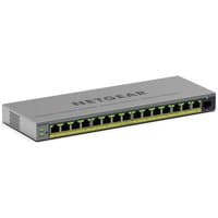 Gray NETGEAR GS116EPP Ethernet switch with 16 ports, green LED indicators, and compact rectangular design.
