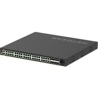 Black Netgear network switch with 48 Ethernet ports, compact design, and Netgear logo on top.