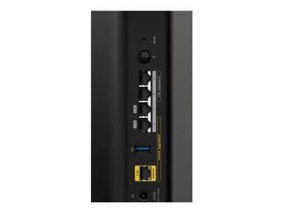 NETGEAR Nighthawk RS200 wireless router in black with multiple Ethernet ports, USB port, and power button on the back panel, designed for gigabit Ethernet and dual-band connectivity.