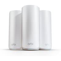 White NETGEAR Orbi 870 Tri-band router set, sleek cylindrical design with subtle logo at the base.