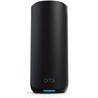 Black NETGEAR RBE870B Wi-Fi 7 router, sleek cylindrical design, subtle blue LED indicator at the base.