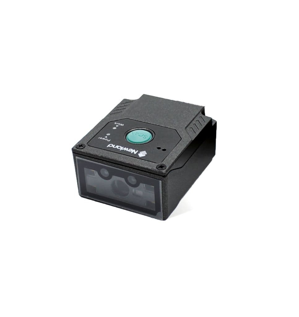 Compact black bar code reader with a sleek design, featuring a blue button on top, dual scanning windows, and a sturdy plastic casing for durability.