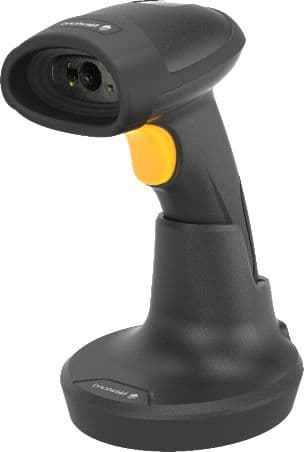 Black handheld barcode reader with a textured grip, featuring a yellow trigger button and a base for charging or storage, designed for scanning 1D and 2D barcodes.