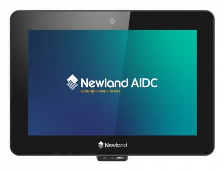 Newland NQuire 750 Stingray II kiosk features a sleek black design with a 7" touchscreen display, 1280 x 800 resolution, and a modern interface showcasing the Newland AIDC logo.