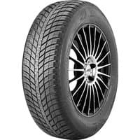 Nexen N blue 4 Season tire, black with detailed tread pattern, size 215/55 R18, mounted on a sleek black alloy wheel.
