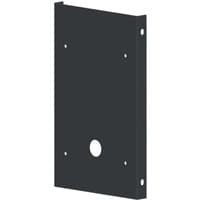 Black rectangular metal mounting plate with four corner holes and a central circular hole.