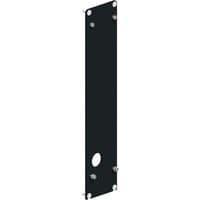 Black rectangular mounting plate with six silver screws and a circular cutout near the bottom.