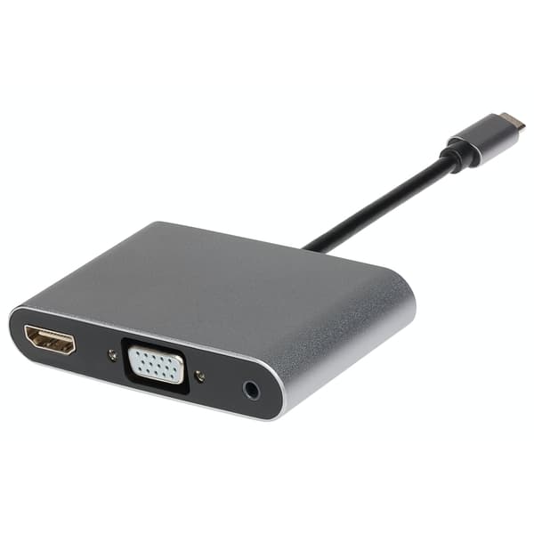Nikkai USB-C multiport hub in sleek gray, featuring HDMI, VGA, and 3.5mm audio ports, designed for versatile connectivity and supporting 4K output.