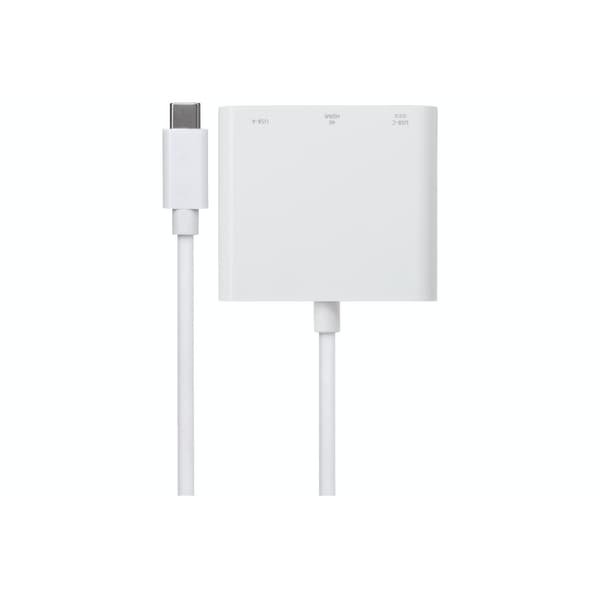 White Nikkai USB-C multiport hub featuring USB-A 3.1 Gen1, HDMI 4K 30Hz, and USB-C PD, with a sleek design and a connected USB-C cable.