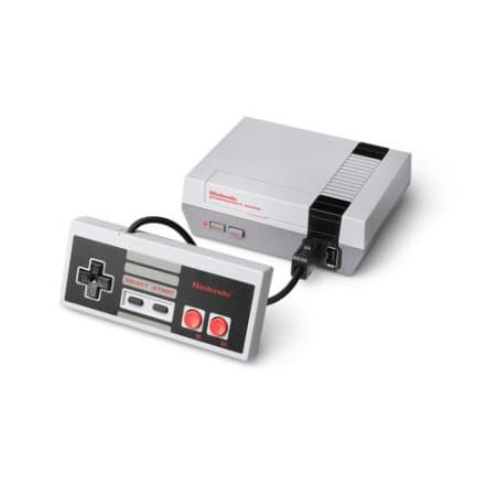Classic grey Nintendo NES console with a black stripe, featuring two red buttons and a controller connected by a cable, designed for retro gaming.