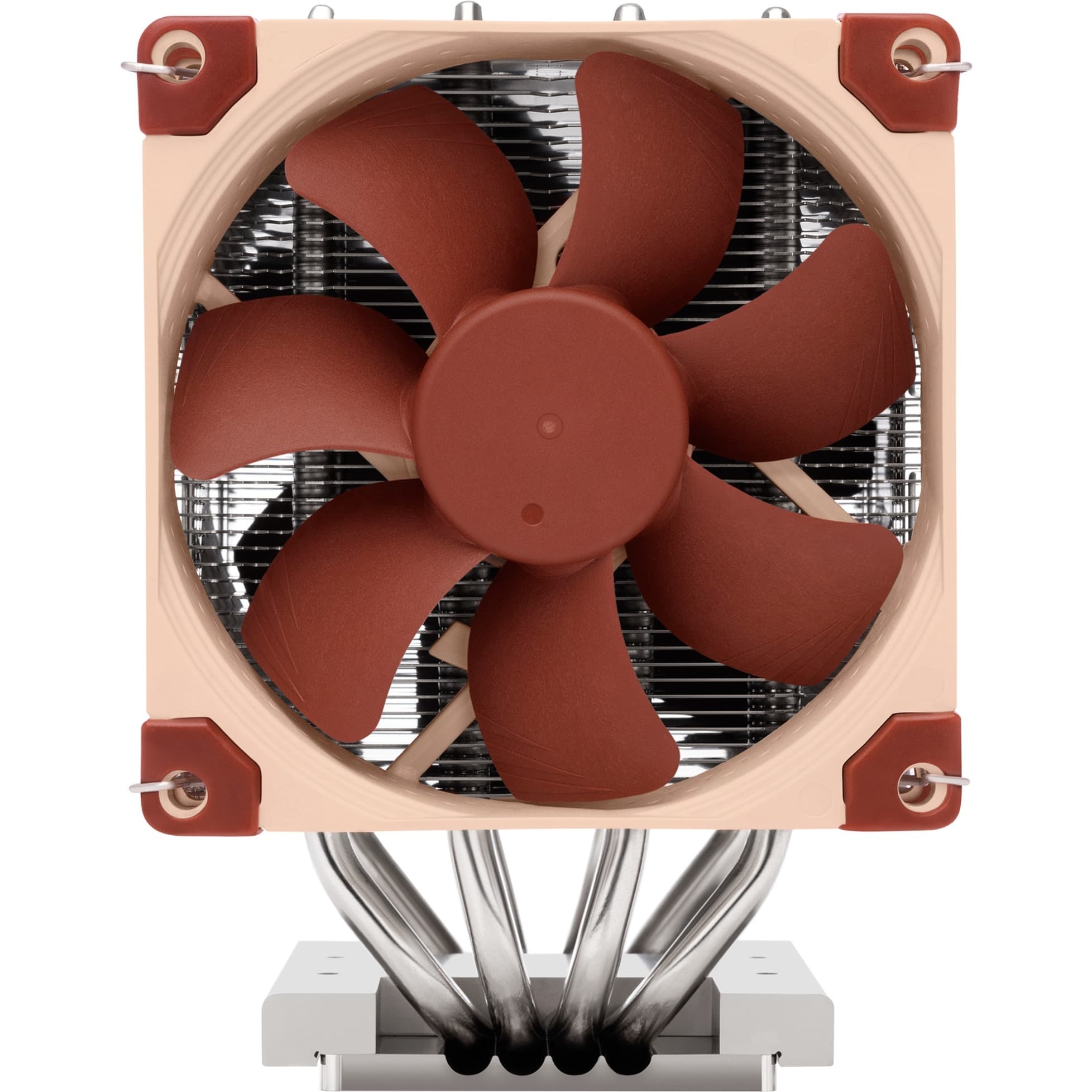 Noctua NH-D9 TR5-SP6 CPU cooler features a 90mm brown fan, beige heatsink, and four heat pipes, designed for efficient cooling in compact spaces.