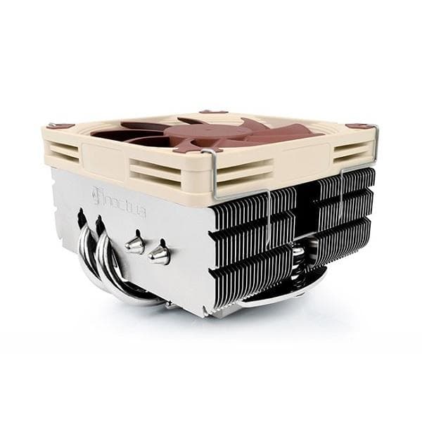 Compact CPU cooler with a beige and brown fan, featuring a sleek aluminum heatsink and multiple heat pipes, designed for AMD AM4/AM5 and Intel 1150/1151/1155 sockets.