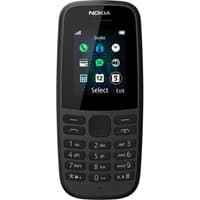 Black Nokia 105 feature phone with 1.77-inch screen, numeric keypad, and rounded edges.