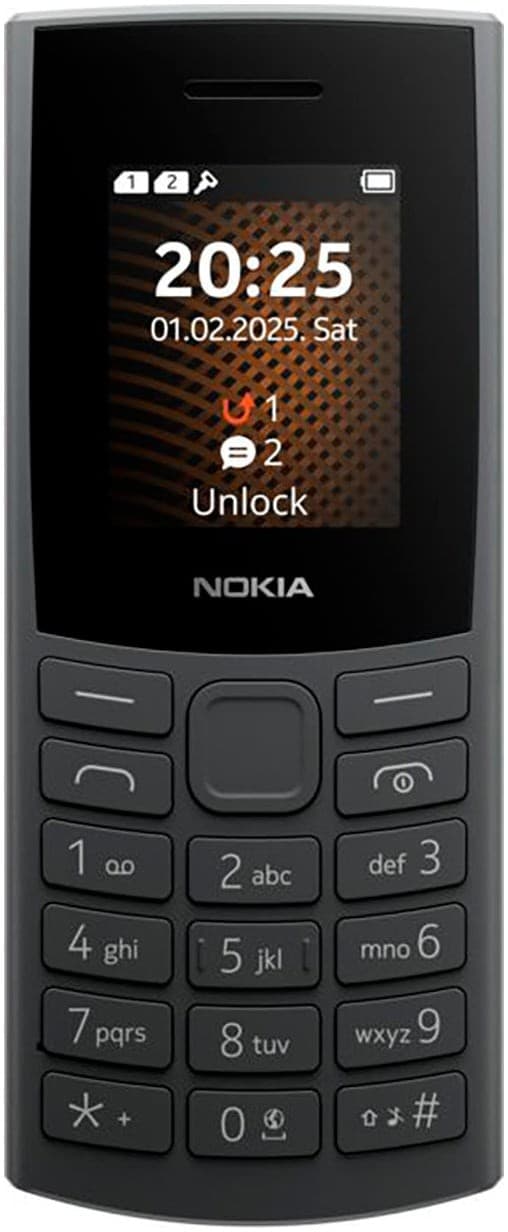 Nokia 105 4G mobile phone in black with a 1.8-inch display, physical keypad, and simple interface, featuring 128MB storage and 4G connectivity.